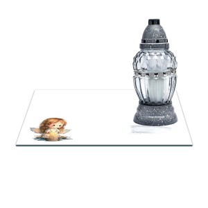 SZKLANA PODSTAWKA POD ZNICZE Z DEDYKACJĄ 30x20cm 554a Aniołek na białym tle