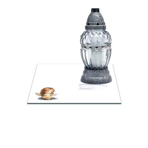 SZKLANA PODSTAWKA POD ZNICZE Z DEDYKACJĄ 40x40cm 554h Aniołek, białe tlo