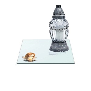 SZKLANA PODSTAWKA POD ZNICZE Z DEDYKACJĄ 40x40cm 555h Aniołek przezroczyste