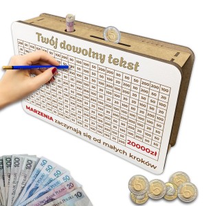 Skarbonka wykreślana wyzwanie oszczędzanie twój dowolny tekst Cel 20000 zł