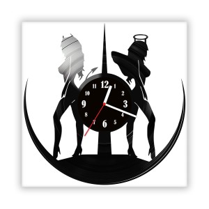Zegar ścienny szklany czarny do salonu kuchni 528.14 Aniołek i diabełek