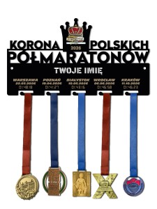 Wieszak na medale KORONA PÓŁMARATONÓW twoje imię dowolny tekst 189.3