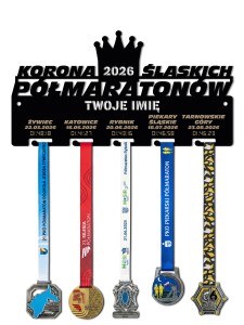 Wieszak na medale KORONA ŚLĄSKICH PÓŁMARATONÓW twoje imię tekst 195.1