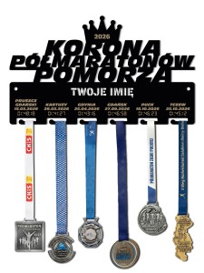 Wieszak na medale KORONA PÓŁMARATONÓW POMORZA twoje imię tekst 225.3