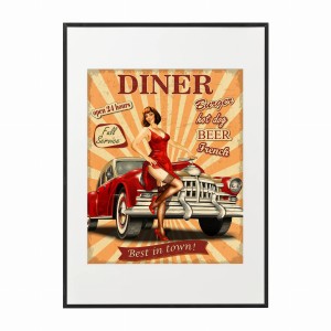 PLAKAT W RAMIE DUŻY - Retro kobieta z samochodem