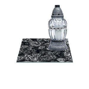 SZKLANA PODSTAWKA POD ZNICZE Z DEDYKACJĄ 25x25cm Liście 29e