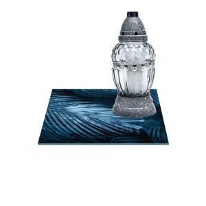 SZKLANA PODSTAWKA POD ZNICZE Z DEDYKACJĄ 25x25cm Liście 382e